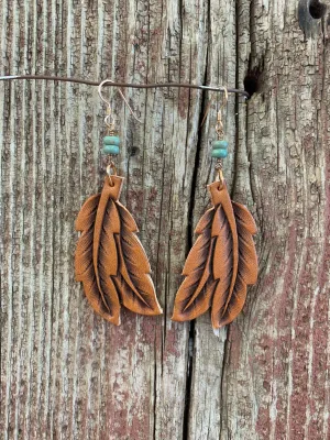 15785 Leather Double Feather & Turquoise Earring