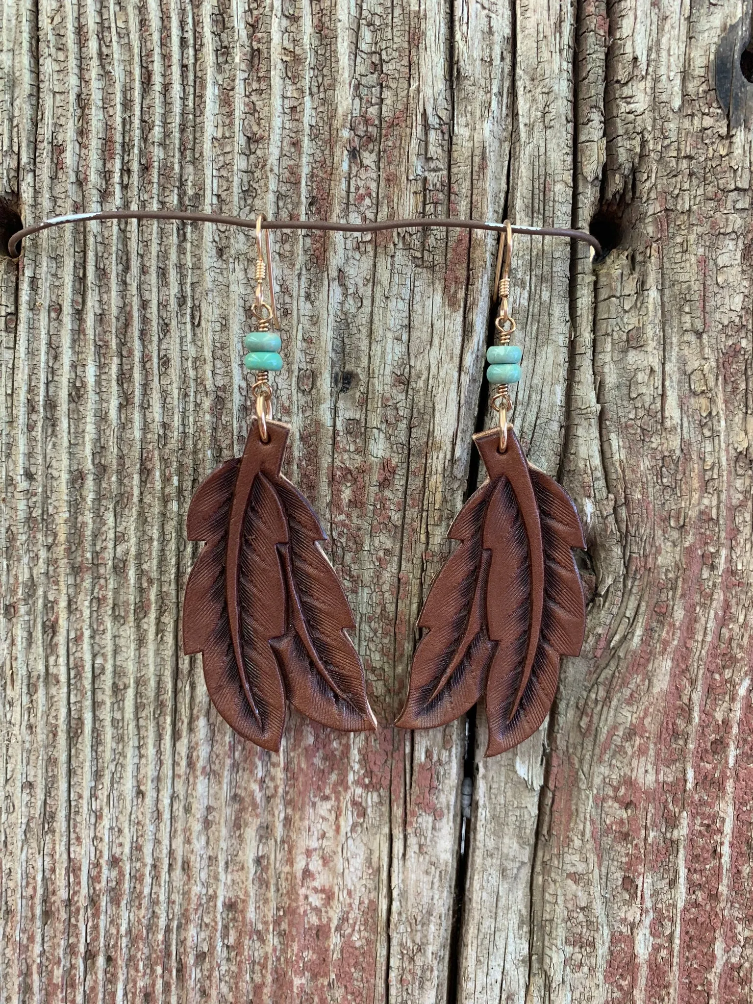 15785 Leather Double Feather & Turquoise Earring