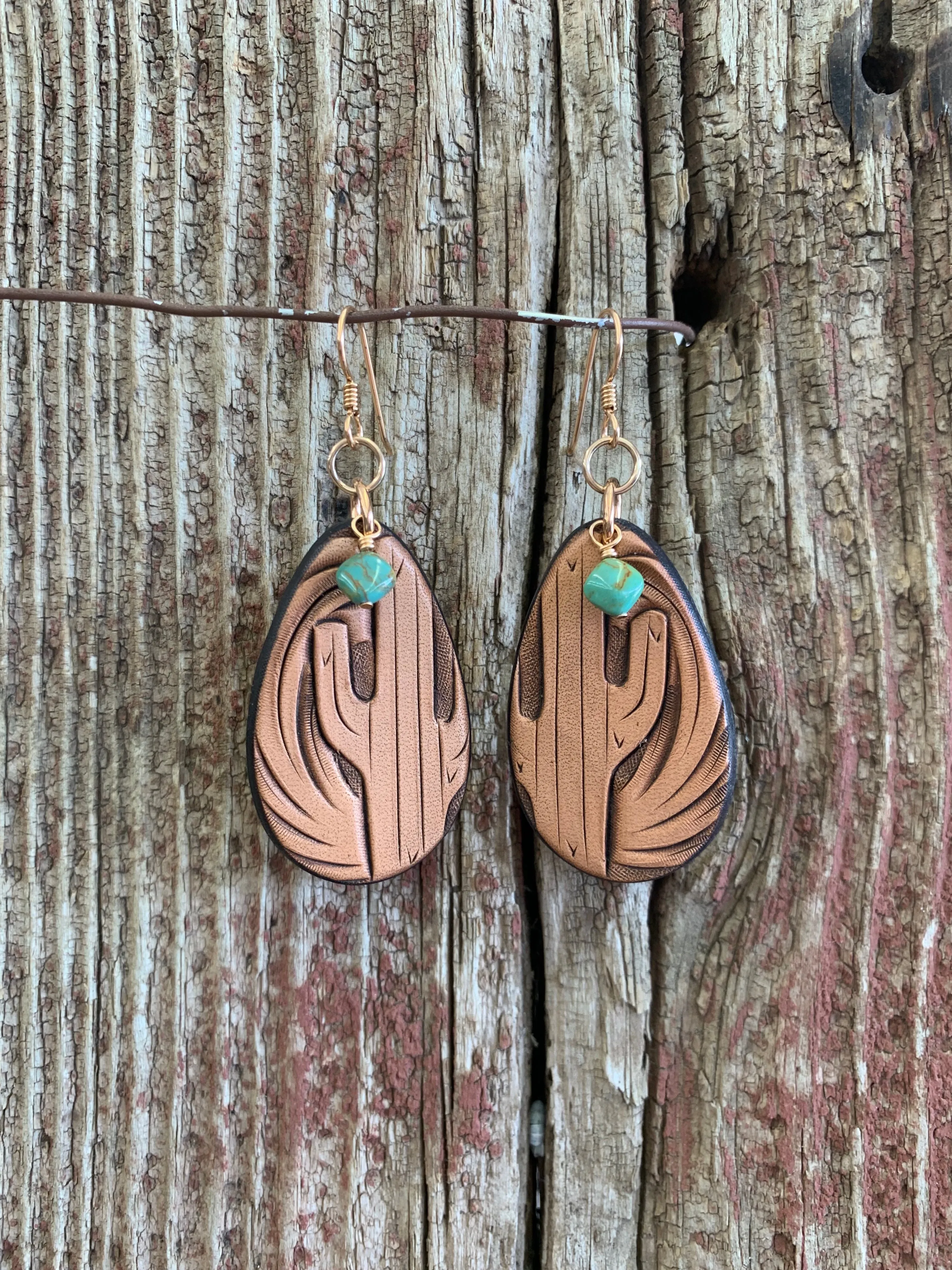 16108 Teardrop Leather Saguaro & Turq Earrings