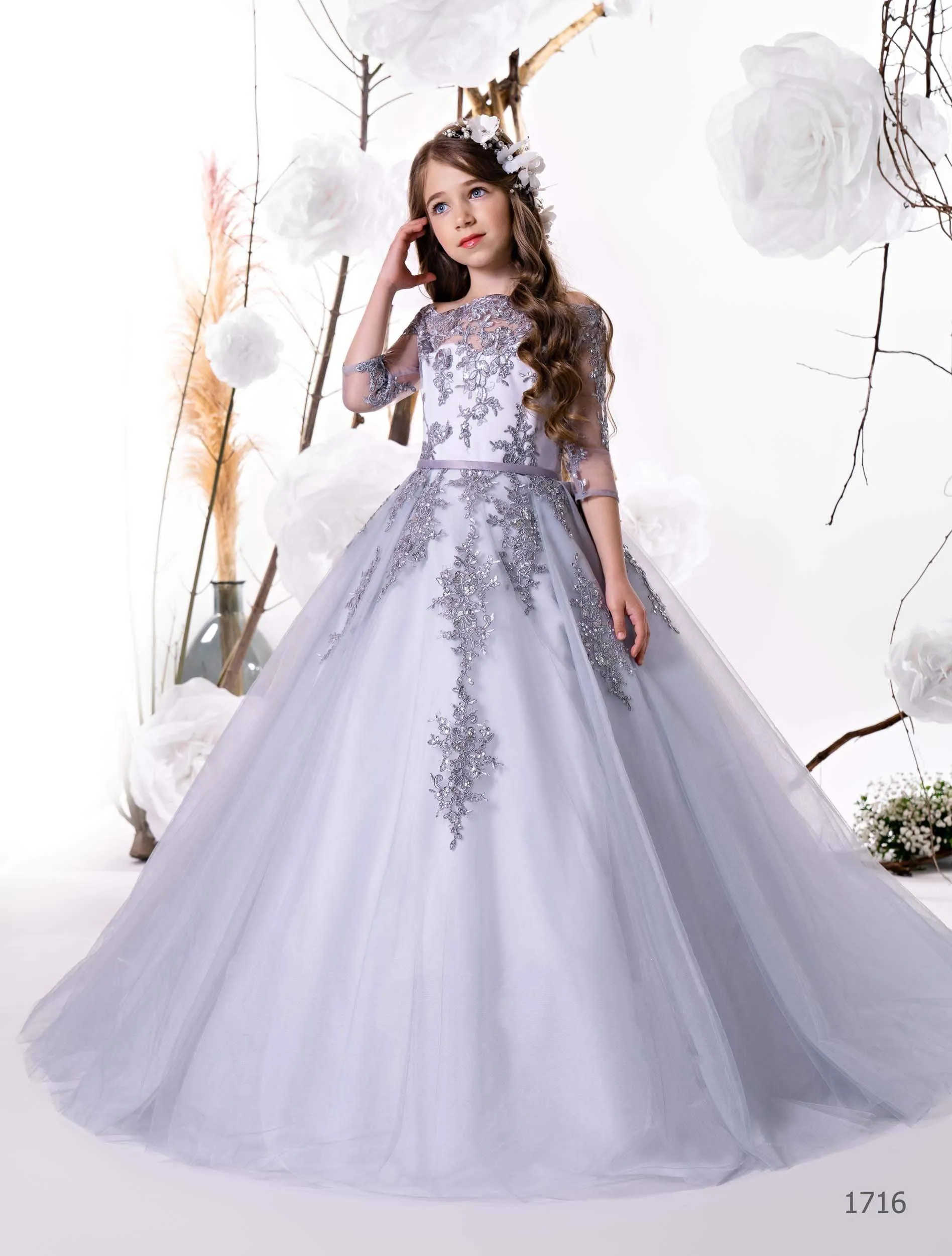 1716 Camellia Dusty Blue Flower Girl Dress