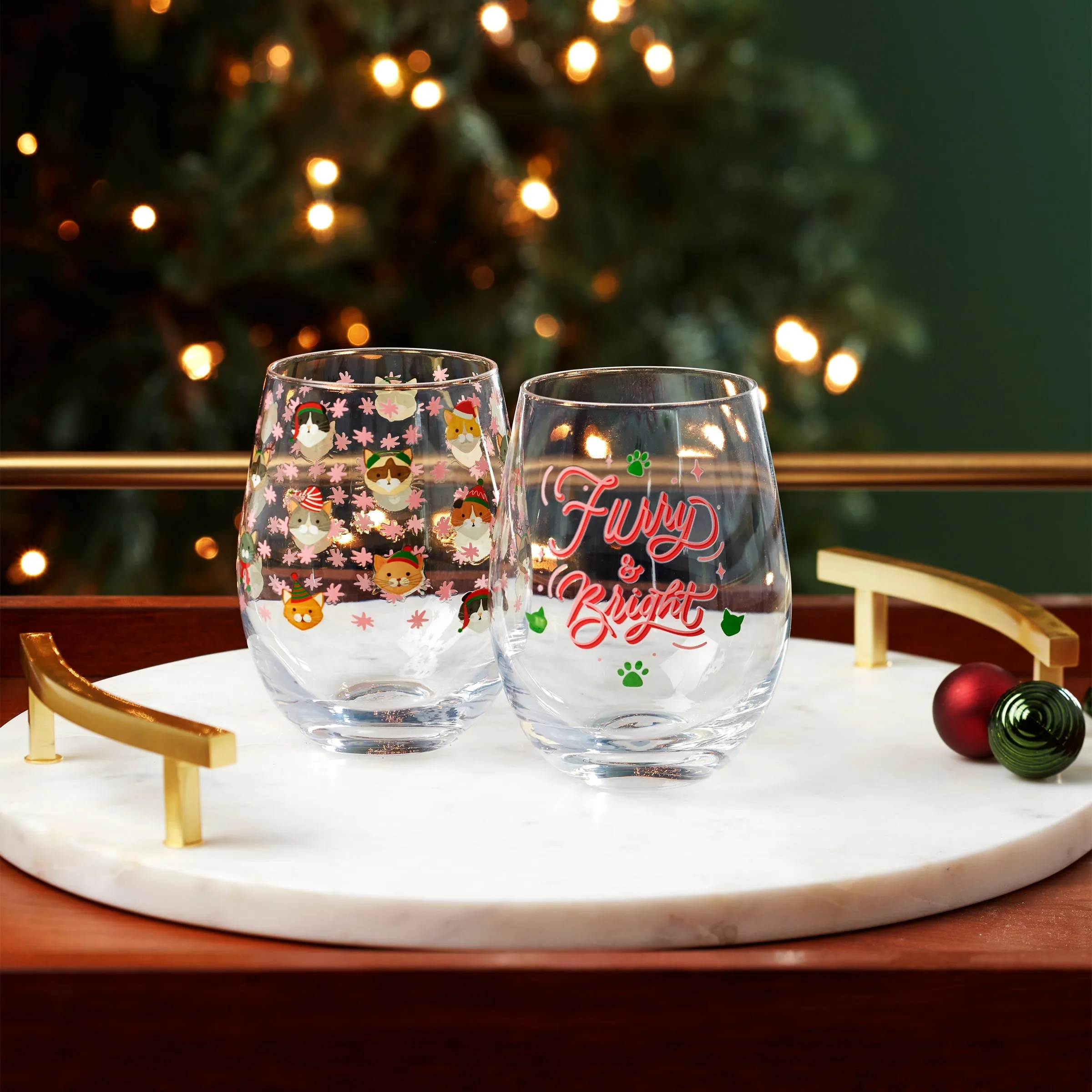 18 Oz "Furry & Bright" Wine Glasses, Set Of 2