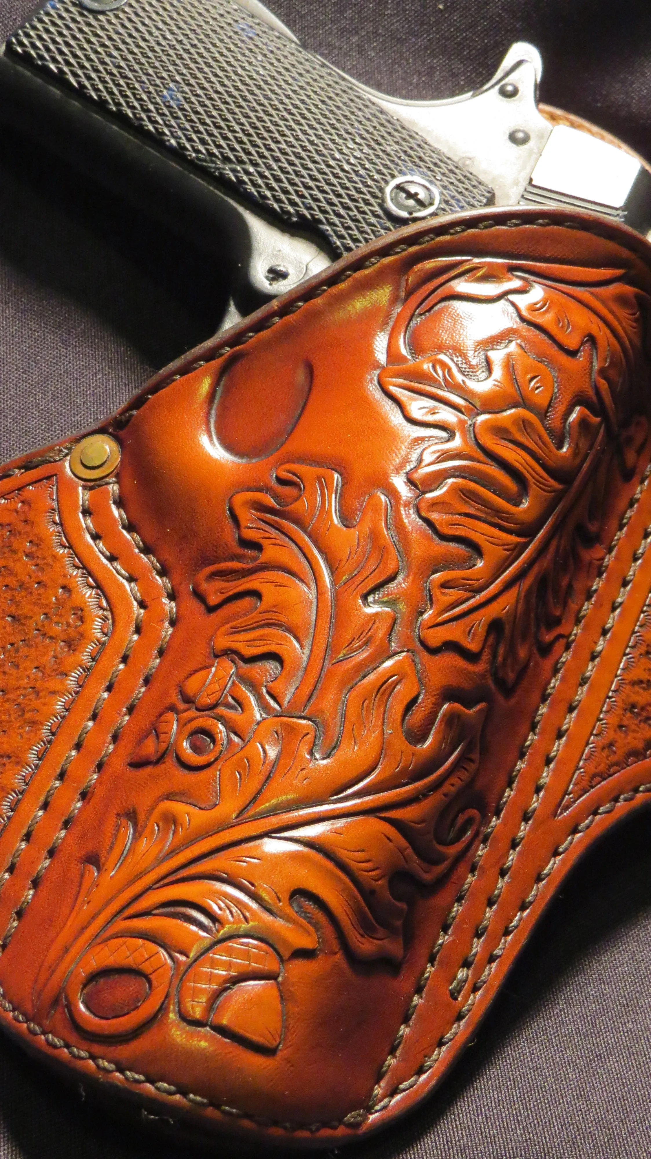 1911 5" Hand Tooled Oak Leaf Leather Holster