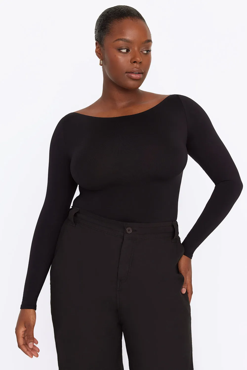 365 SECOND SKIN BOAT NECK LONG SLEEVE TOP - SHADOW BLACK