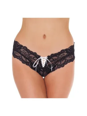 Amorable - Zwart Kanten Mini Short Met witte vetersluiting