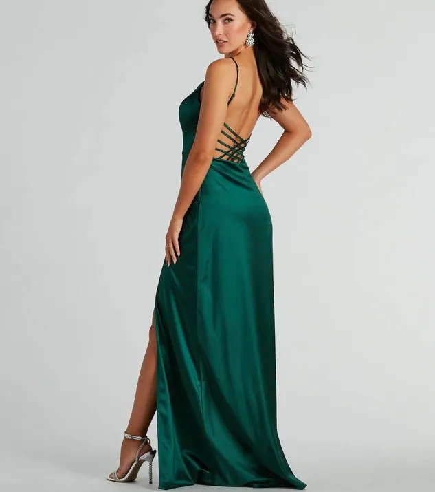 Ansley Emerald Green satin strappy back ball gown Express NZ wide