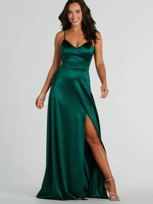 Ansley Emerald Green satin strappy back ball gown Express NZ wide