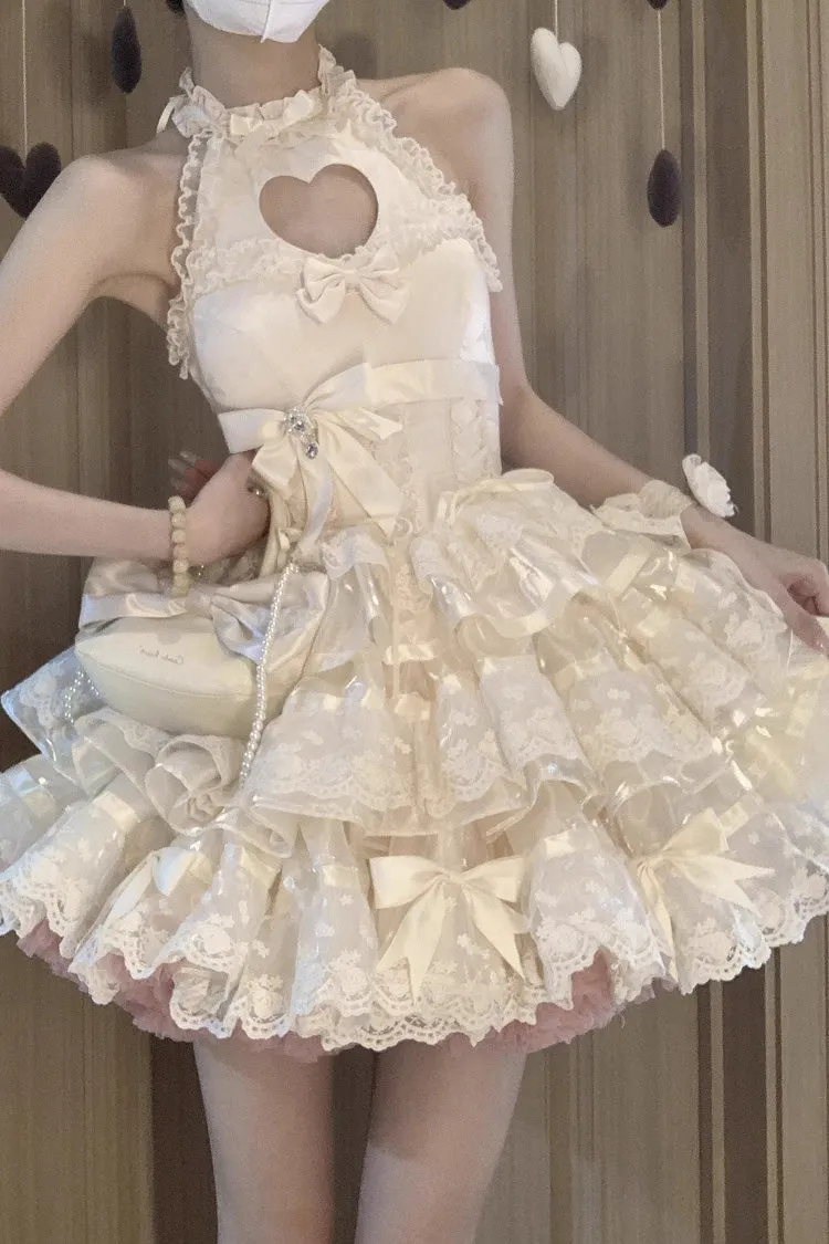 Apricot Heartbeat Multi-Layered Ruffle Heart Shape Hollow Bowknot Sweet Ballet Lolita Dress