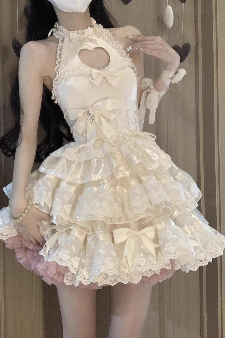 Apricot Heartbeat Multi-Layered Ruffle Heart Shape Hollow Bowknot Sweet Ballet Lolita Dress