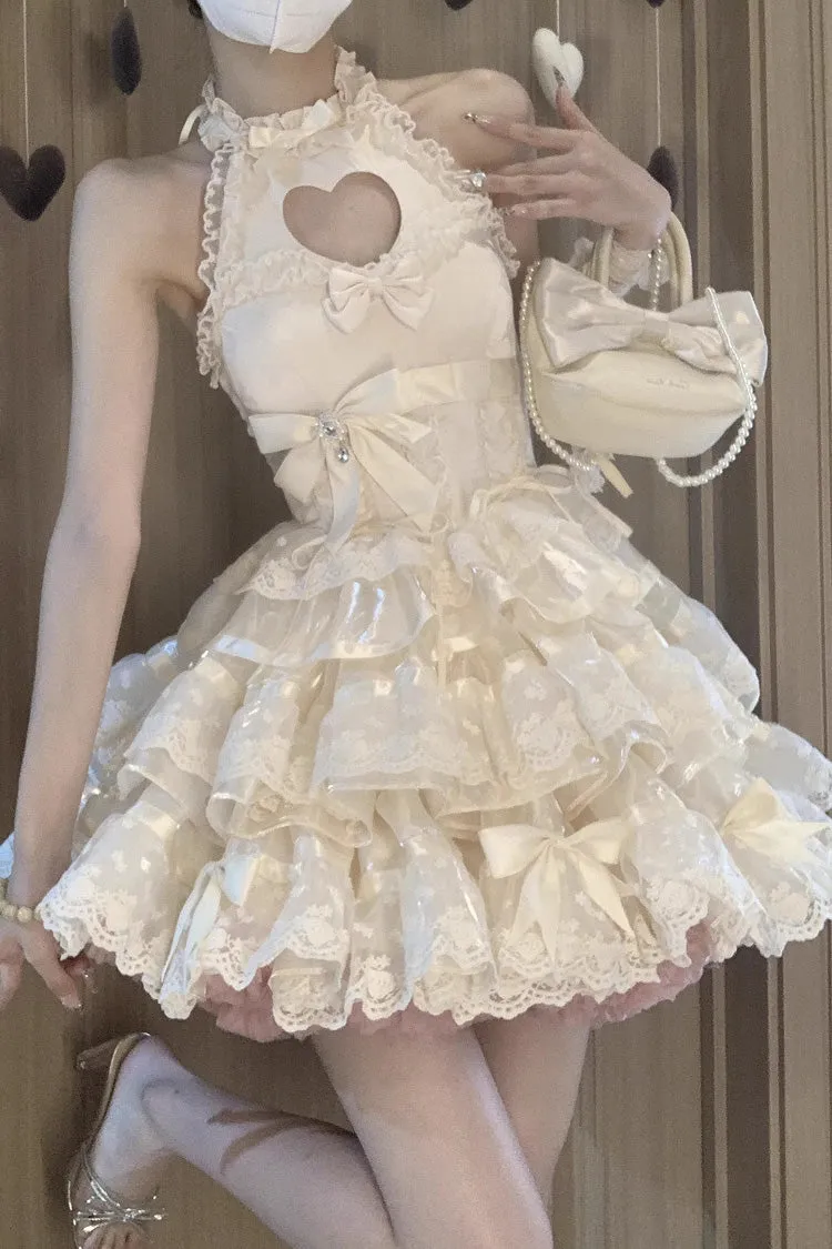 Apricot Heartbeat Multi-Layered Ruffle Heart Shape Hollow Bowknot Sweet Ballet Lolita Dress
