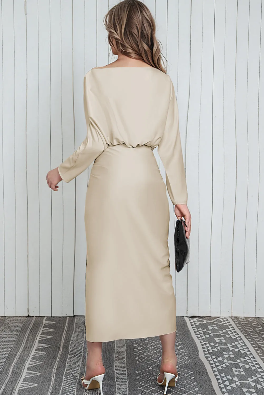 Apricot Satin Wrap Tie Side Boat Neck Long Sleeve Dress