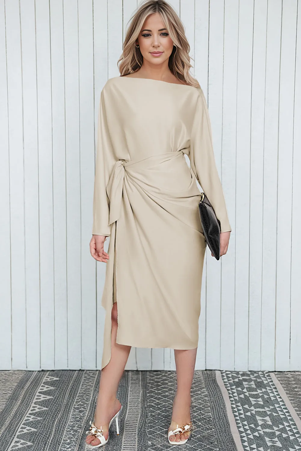 Apricot Satin Wrap Tie Side Boat Neck Long Sleeve Dress