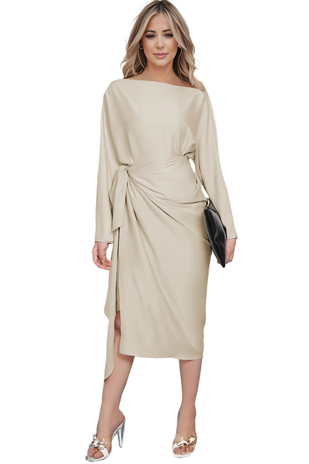 Apricot Satin Wrap Tie Side Boat Neck Long Sleeve Dress
