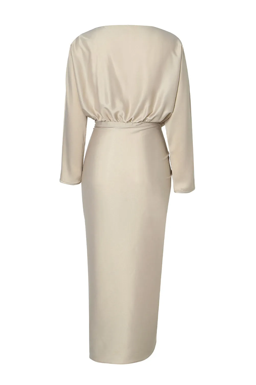 Apricot Satin Wrap Tie Side Boat Neck Long Sleeve Dress