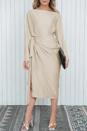 Apricot Satin Wrap Tie Side Boat Neck Long Sleeve Dress
