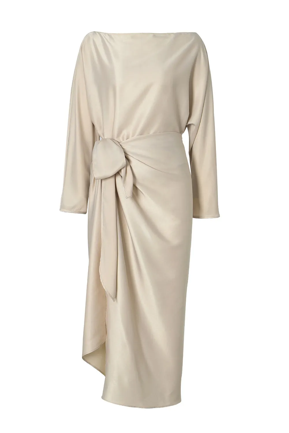 Apricot Satin Wrap Tie Side Boat Neck Long Sleeve Dress