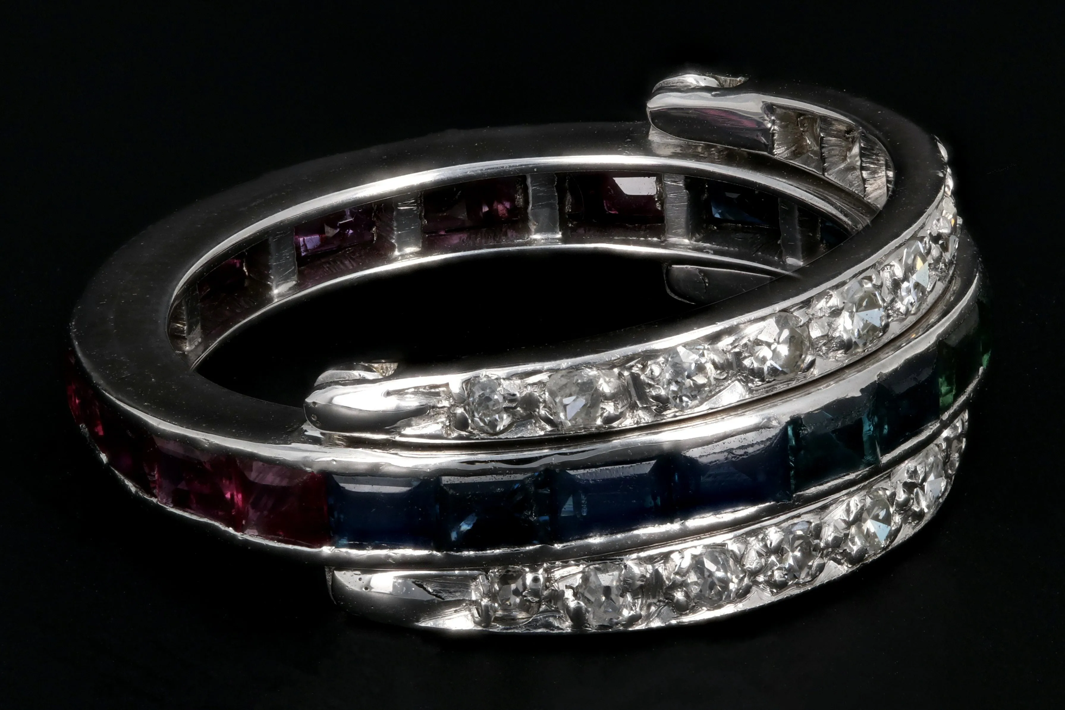 Art Deco Platinum Flip Ring with Sapphires, Rubies, and Diamonds