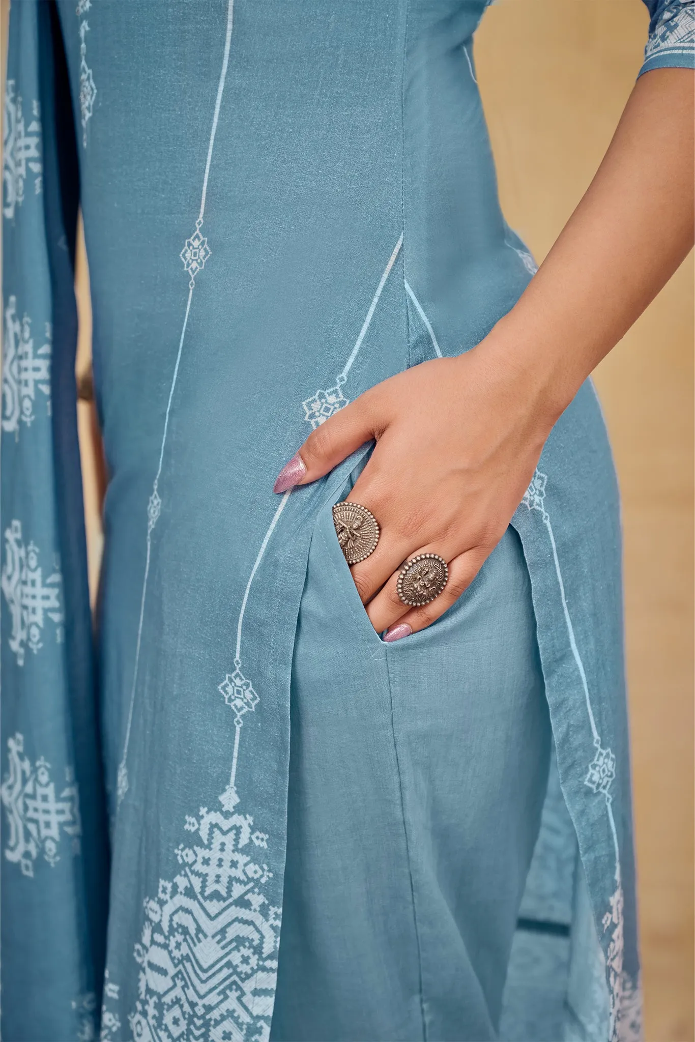 Azure Blue Printed Super Cotton Suit Set