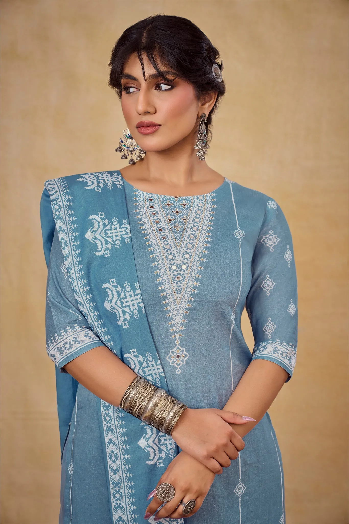 Azure Blue Printed Super Cotton Suit Set