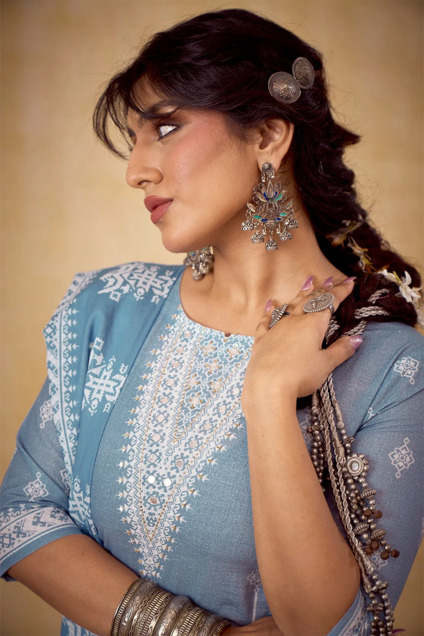 Azure Blue Printed Super Cotton Suit Set