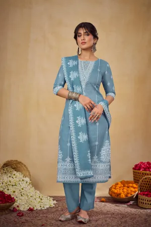 Azure Blue Printed Super Cotton Suit Set