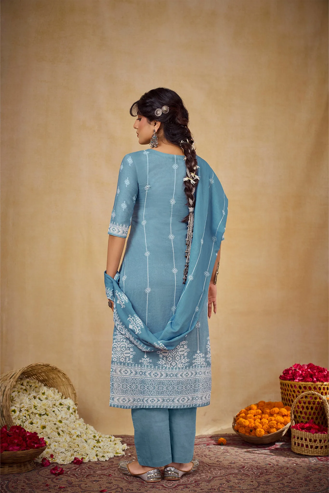 Azure Blue Printed Super Cotton Suit Set
