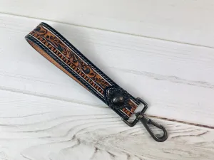Black Border Floral Tooled Wristlet Leather Keychain