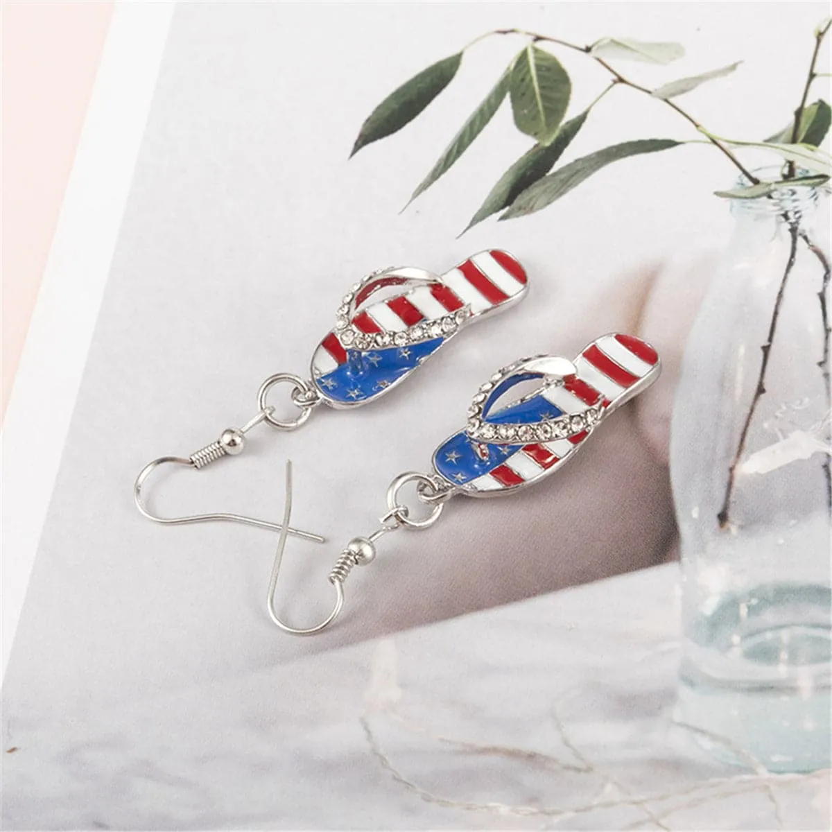 Blue & Red Cubic Zirconia & Enamel Flip-Flop Drop Earrings