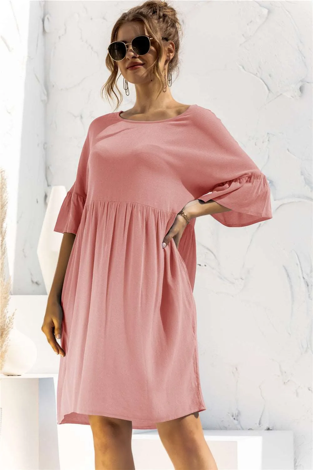 Boat Neck Flounce Sleeve Knee-Length Dress (2 Colors)