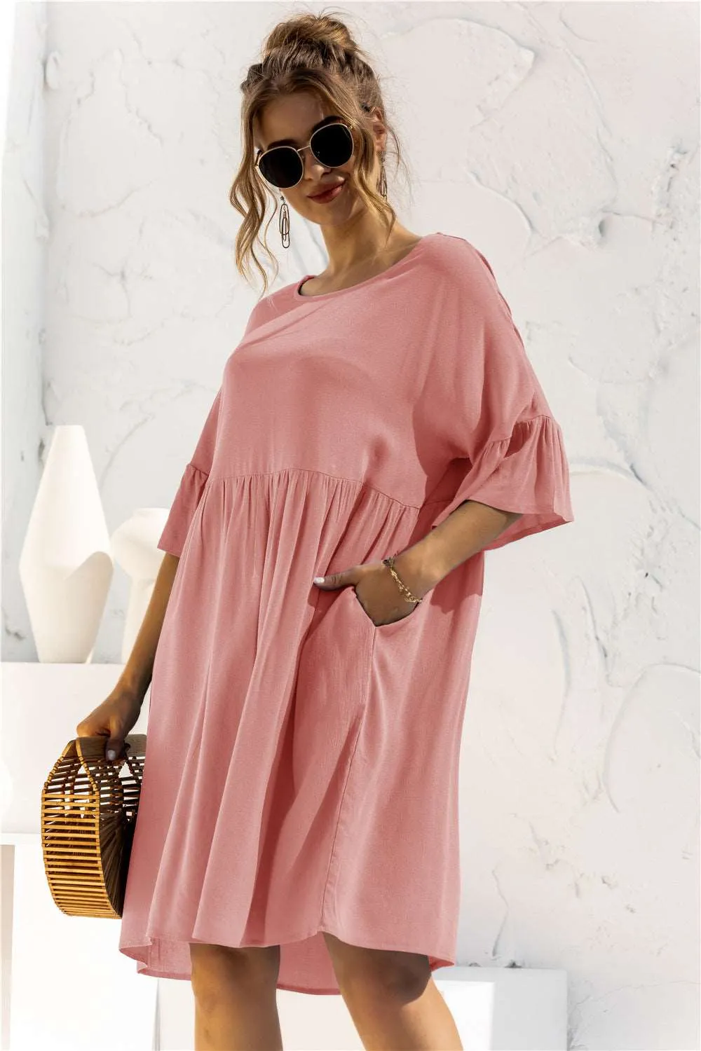 Boat Neck Flounce Sleeve Knee-Length Dress (2 Colors)
