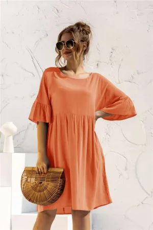 Boat Neck Flounce Sleeve Knee-Length Dress (2 Colors)