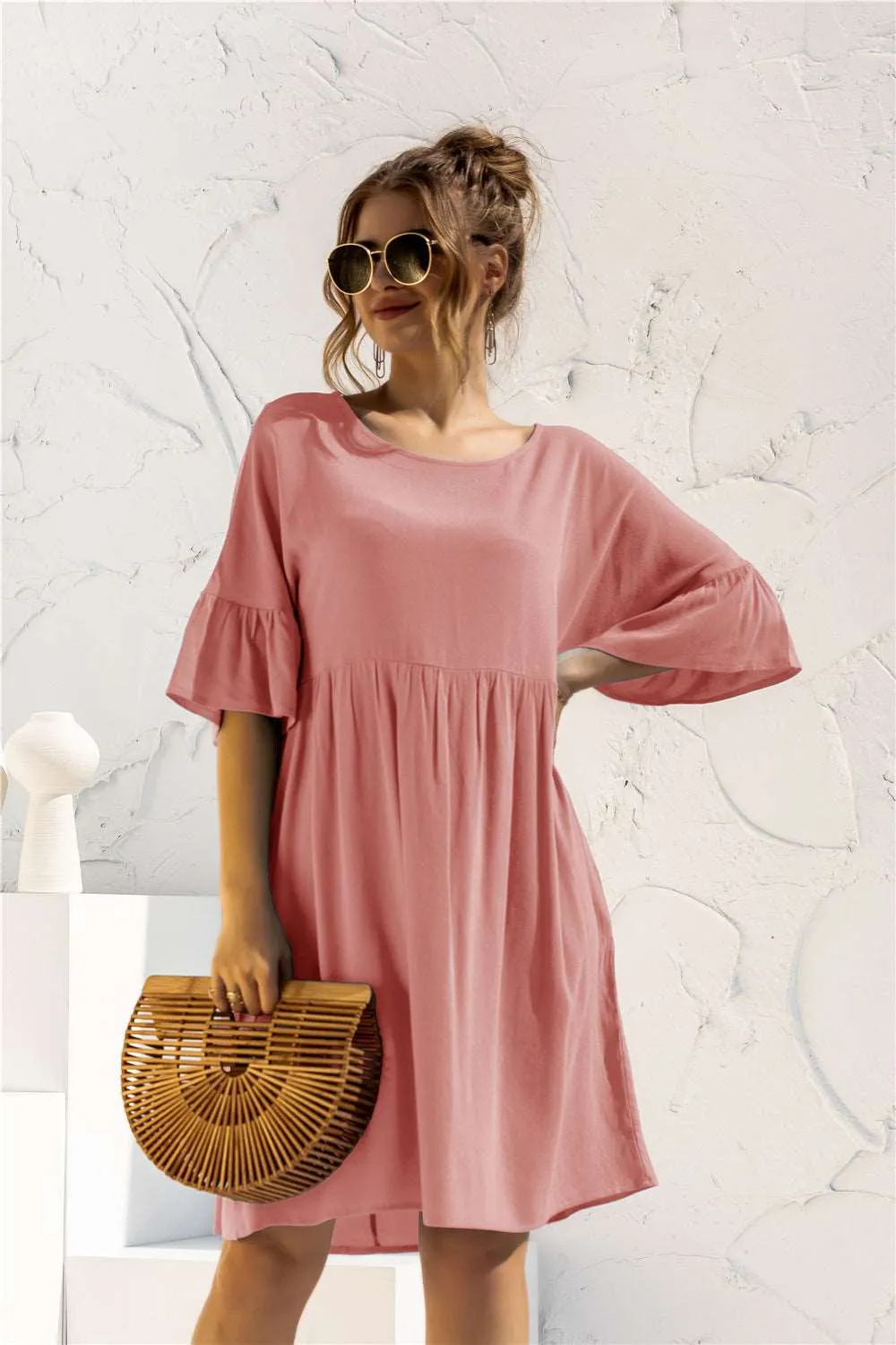 Boat Neck Flounce Sleeve Knee-Length Dress (2 Colors)