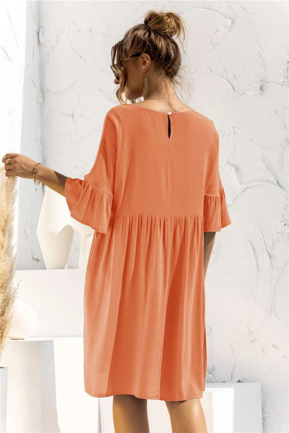 Boat Neck Flounce Sleeve Knee-Length Dress (2 Colors)