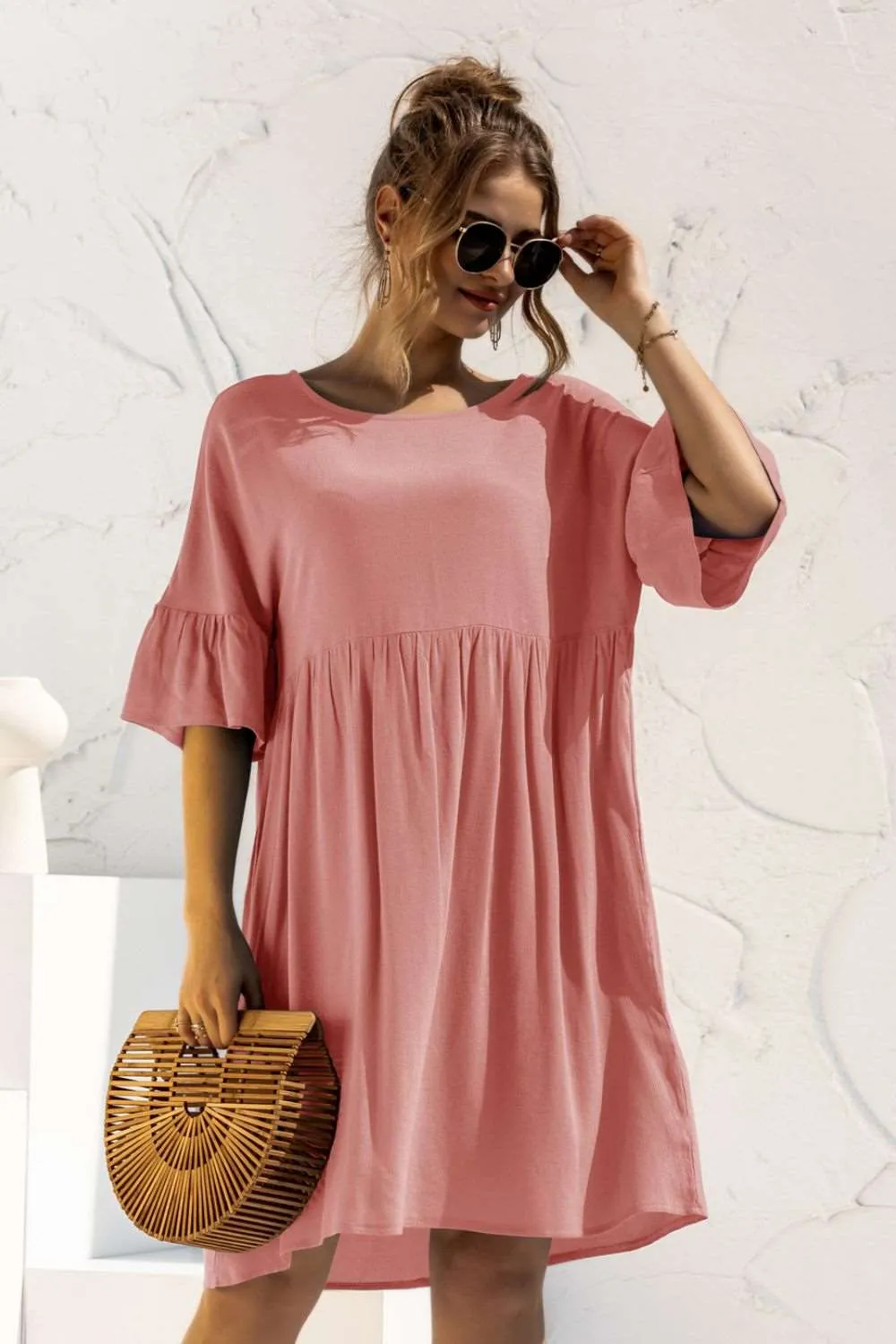 Boat Neck Flounce Sleeve Knee-Length Dress (2 Colors)