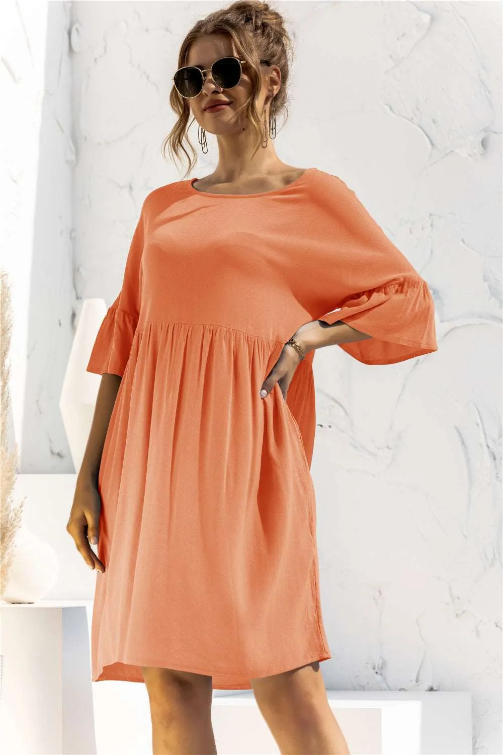 Boat Neck Flounce Sleeve Knee-Length Dress (2 Colors)