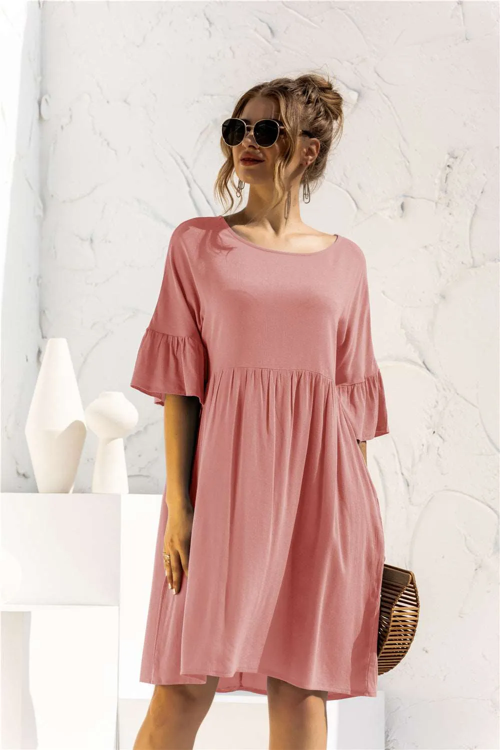 Boat Neck Flounce Sleeve Knee-Length Dress (2 Colors)
