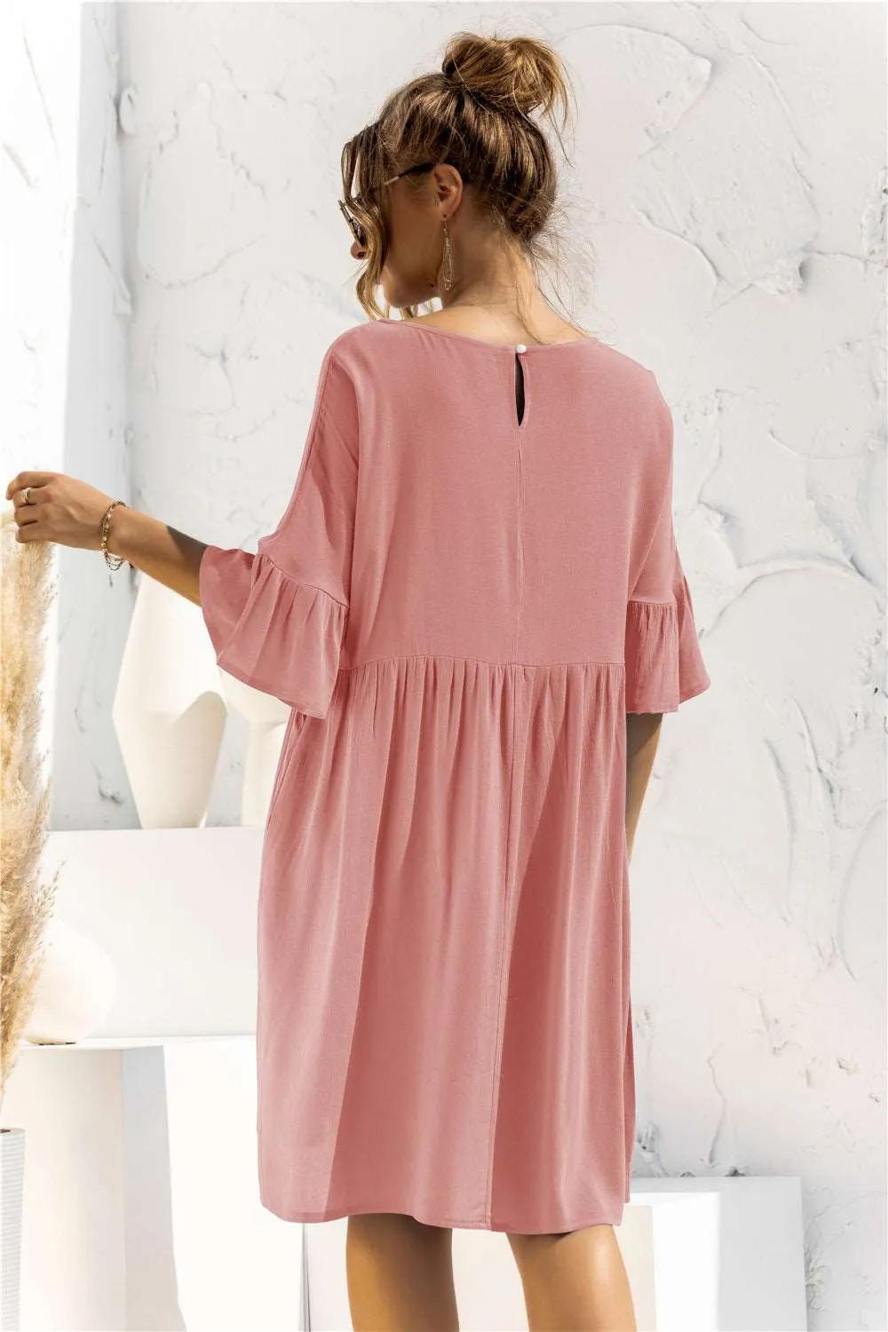 Boat Neck Flounce Sleeve Knee-Length Dress (2 Colors)