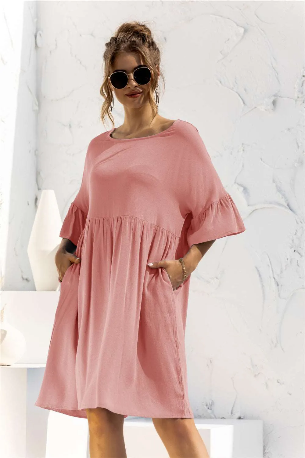 Boat Neck Flounce Sleeve Knee-Length Dress (2 Colors)