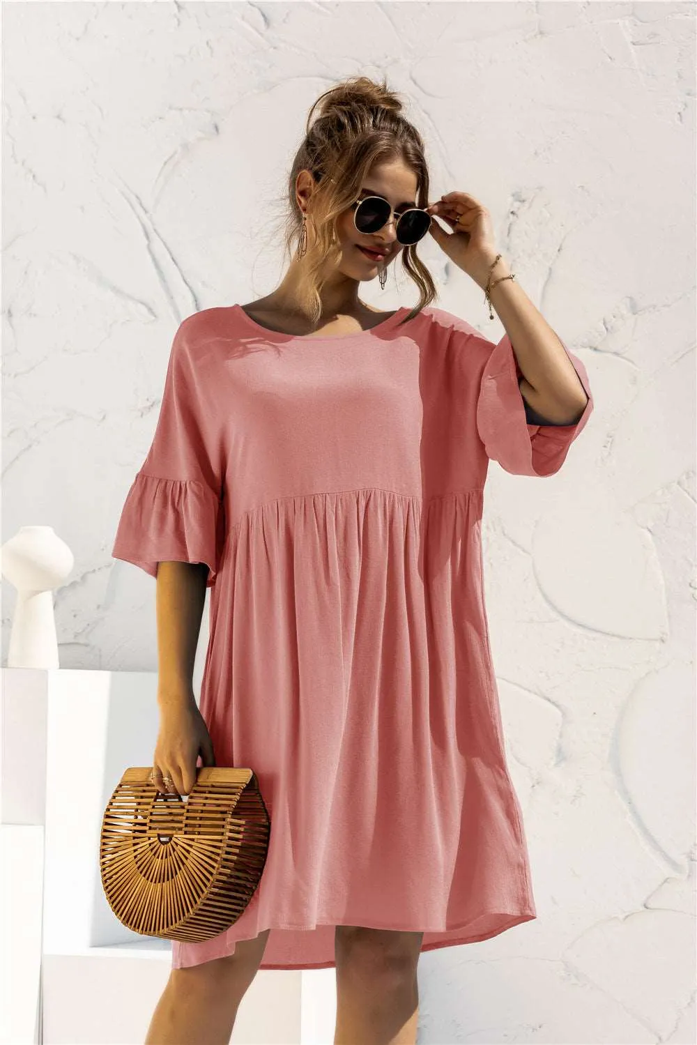 Boat Neck Flounce Sleeve Knee-Length Dress (2 Colors)