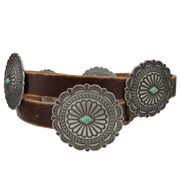 Brown Distressed Leather with Round Concho Belt with Stones