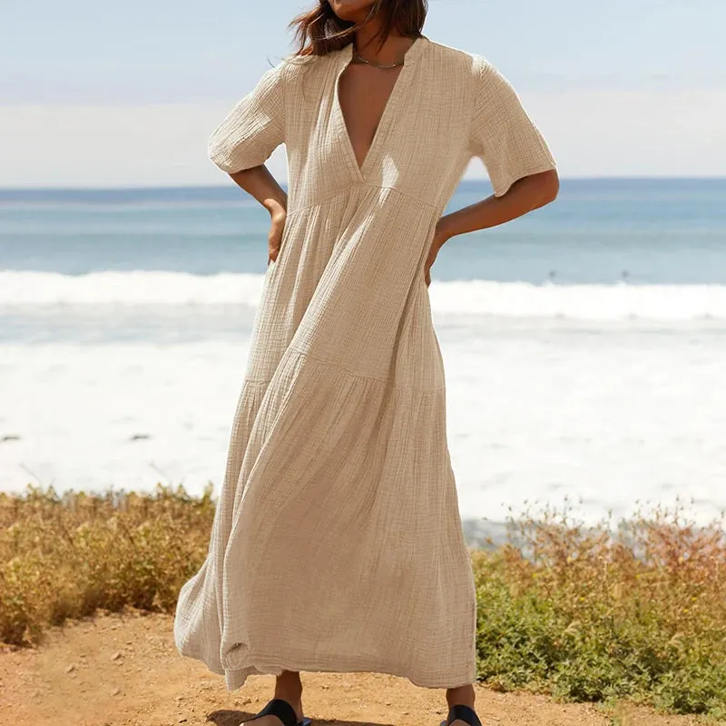 Casual Cotton Gauze Muslin Short Sleeve Sundress