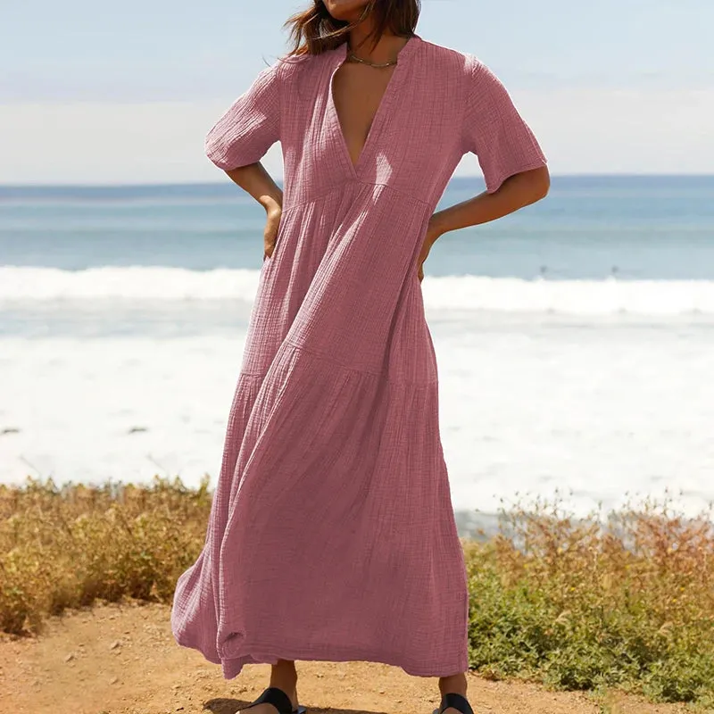 Casual Cotton Gauze Muslin Short Sleeve Sundress