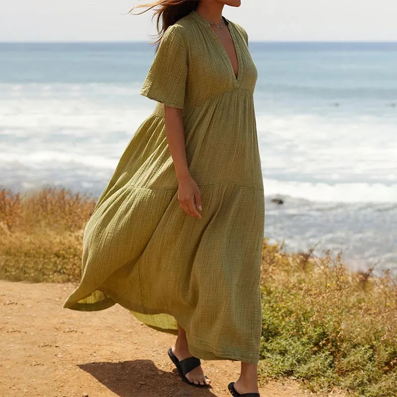 Casual Cotton Gauze Muslin Short Sleeve Sundress
