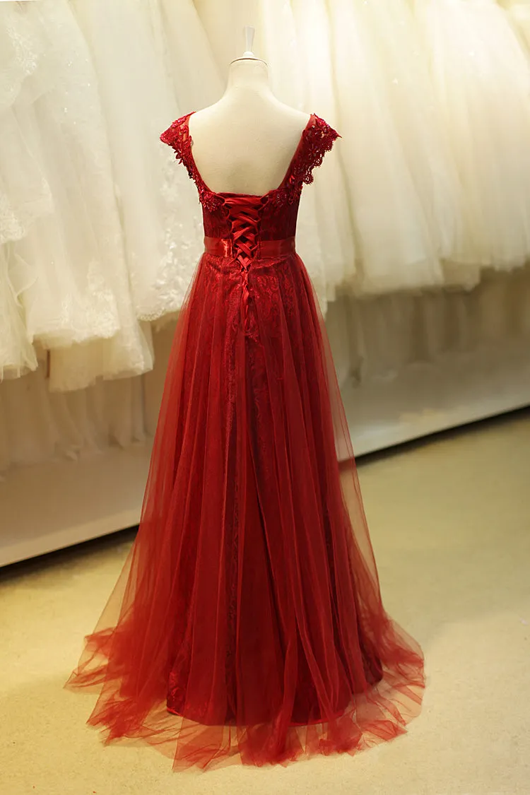 Charming Wine Red Tulle Prom Dress with Belt, Elegant Bridesmaid Dresses