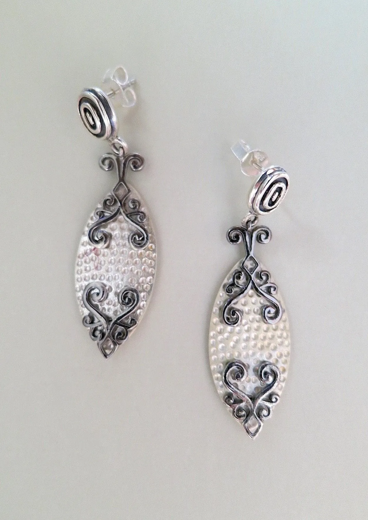 Classic, navette shape, dangle drop earrings with black rhodium plated detailing