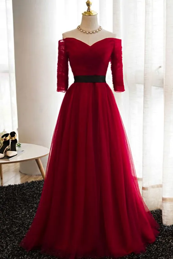 Dark Red Tulle Off Shoulder Floor Length Wedding Party Dress, Elegant Junior Prom Dress