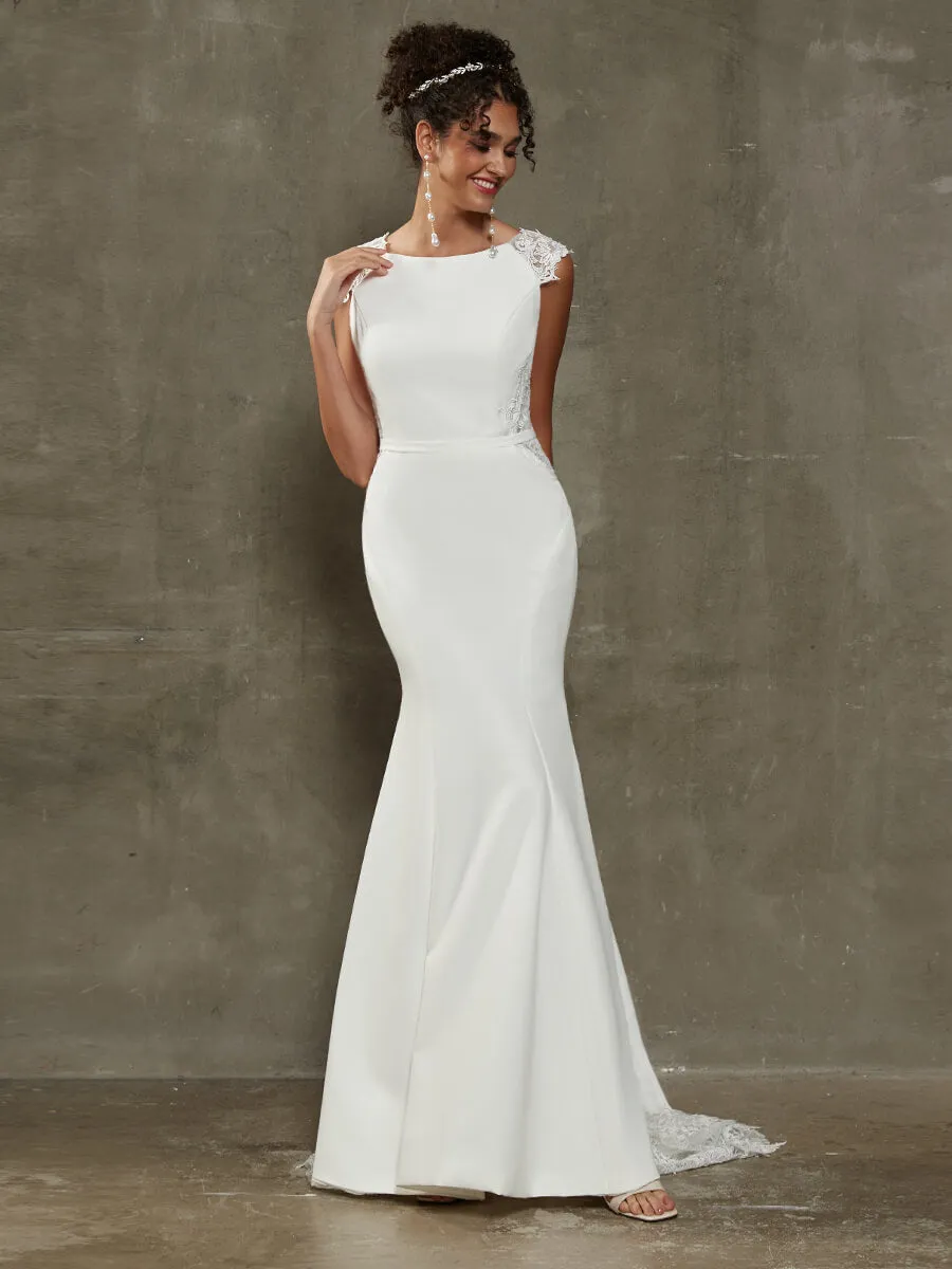Double FDY Illusion Back Cap Sleeve Mermaid Wedding Gown With Lace Train