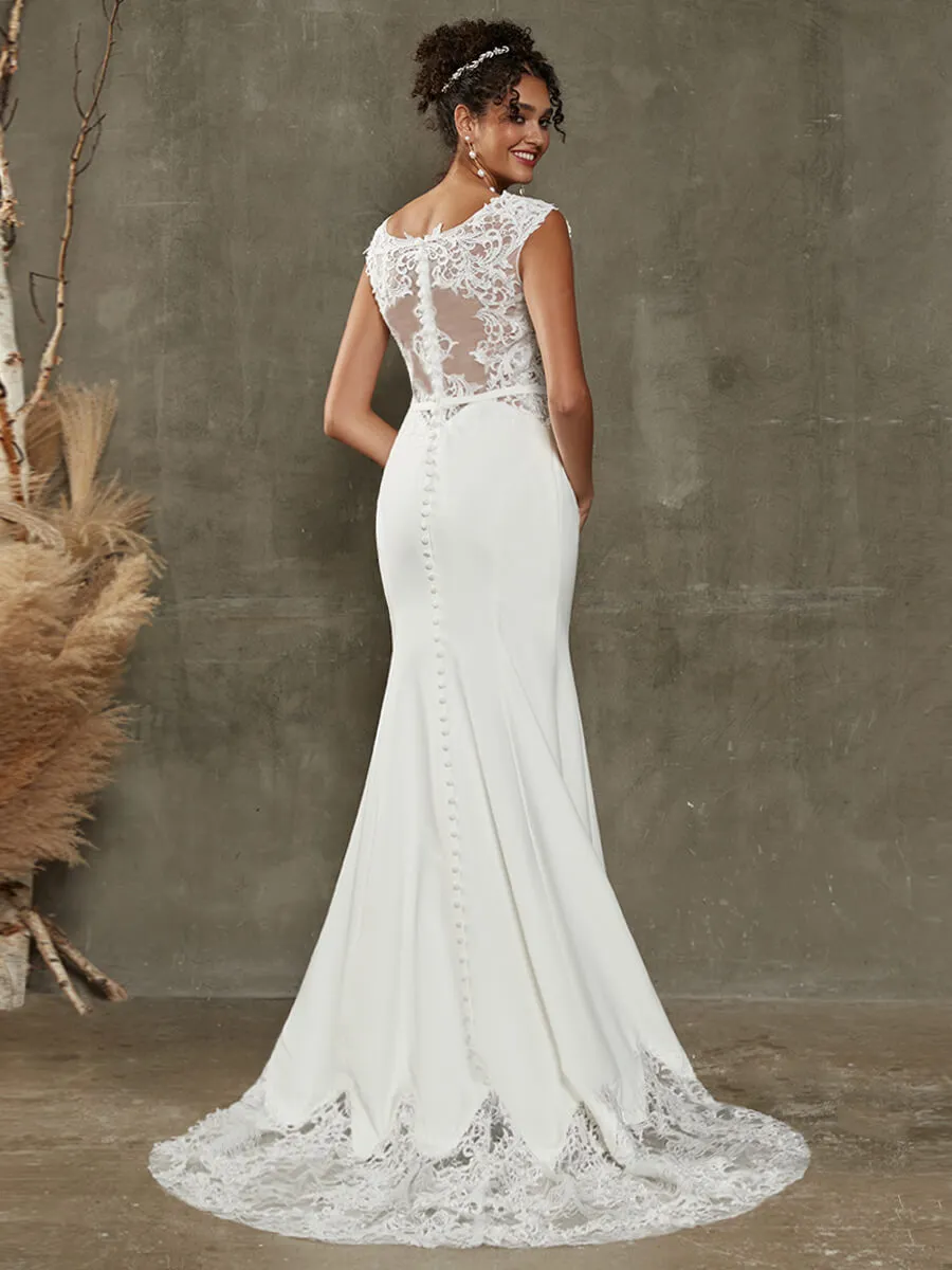 Double FDY Illusion Back Cap Sleeve Mermaid Wedding Gown With Lace Train