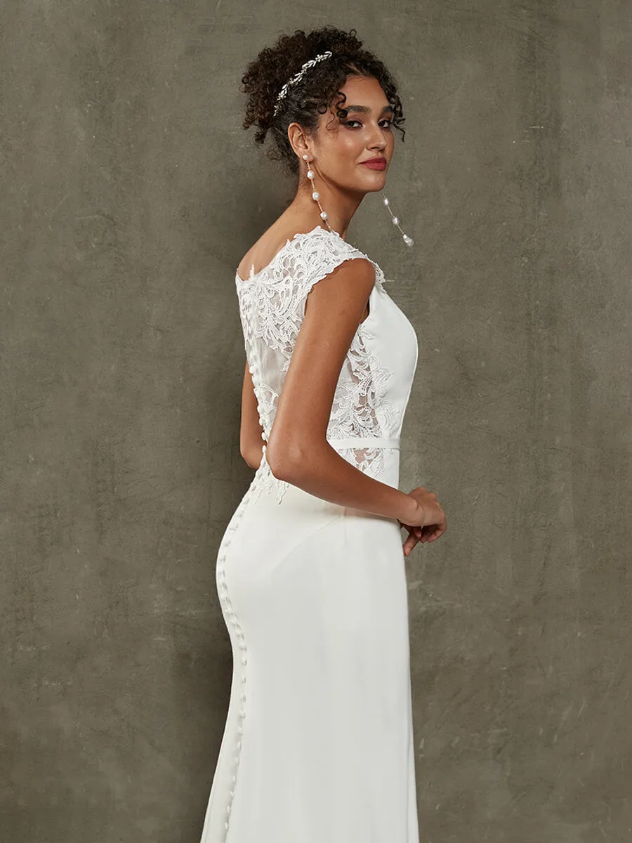 Double FDY Illusion Back Cap Sleeve Mermaid Wedding Gown With Lace Train