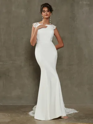 Double FDY Illusion Back Cap Sleeve Mermaid Wedding Gown With Lace Train