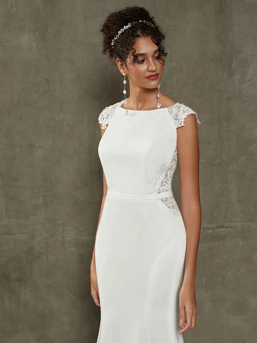 Double FDY Illusion Back Cap Sleeve Mermaid Wedding Gown With Lace Train